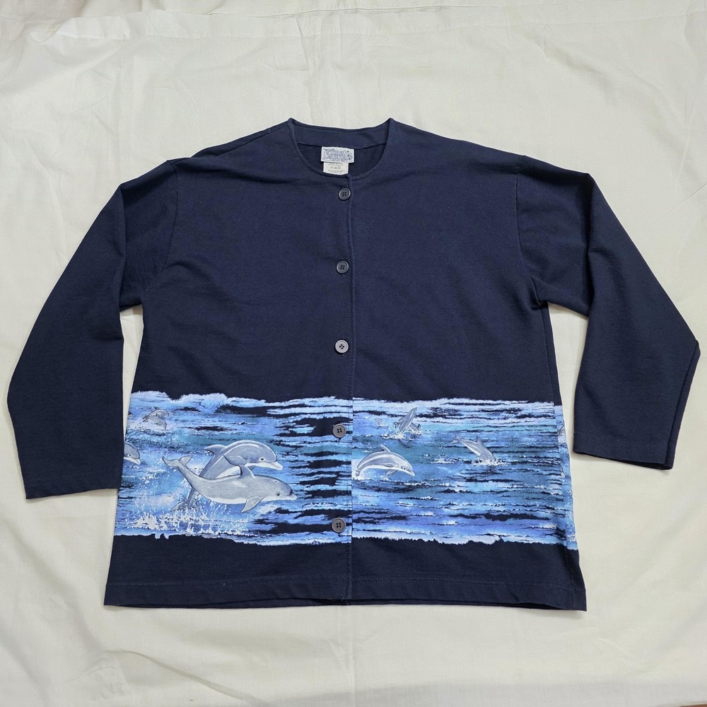Whales & Friends Cardigan Sweater Womens XL Dolphin Ocean Print Teacher‎ Nature